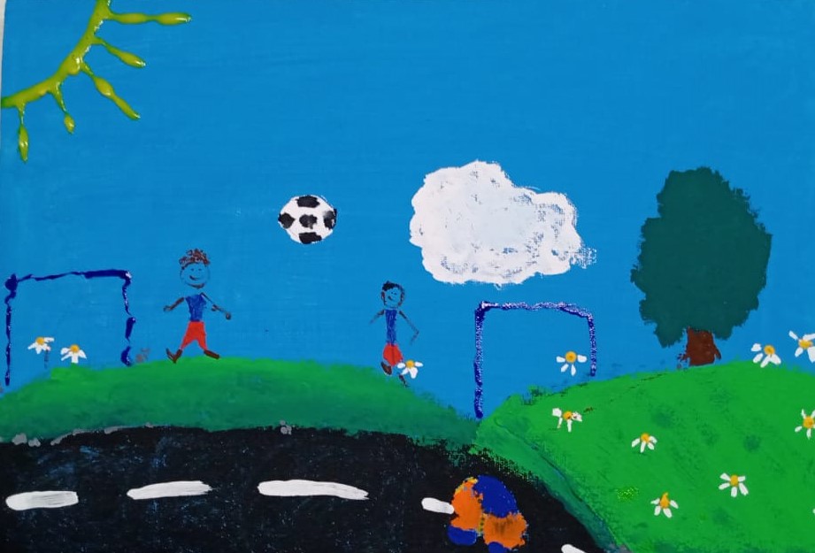 ISAAC RYAN SANTOS SOUZA - A PINTURA REPRESENTA O ESPORTE PREFERIDO DO ISAAC. O FUTEBOL. ELE PINTOU BRINCANDO COM O IRMÃO EM UM DIA FELIZ DE SOL.